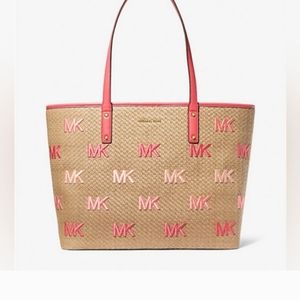 Michael Kors Carter Straw and Pink Leather Large MK Logo Tote Bag